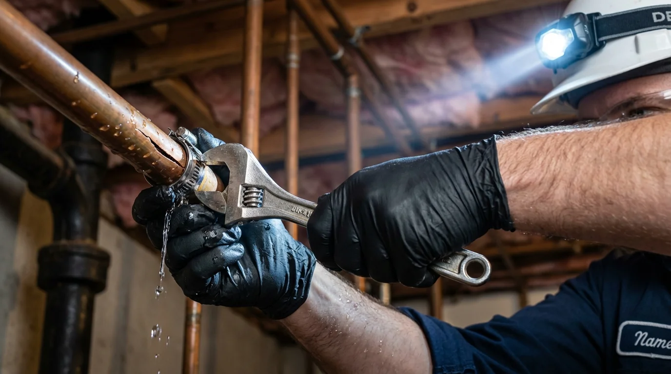 Emergency pipe clamp repair being performed by a Johns Plumbing LLC plumber in Spanish Fork