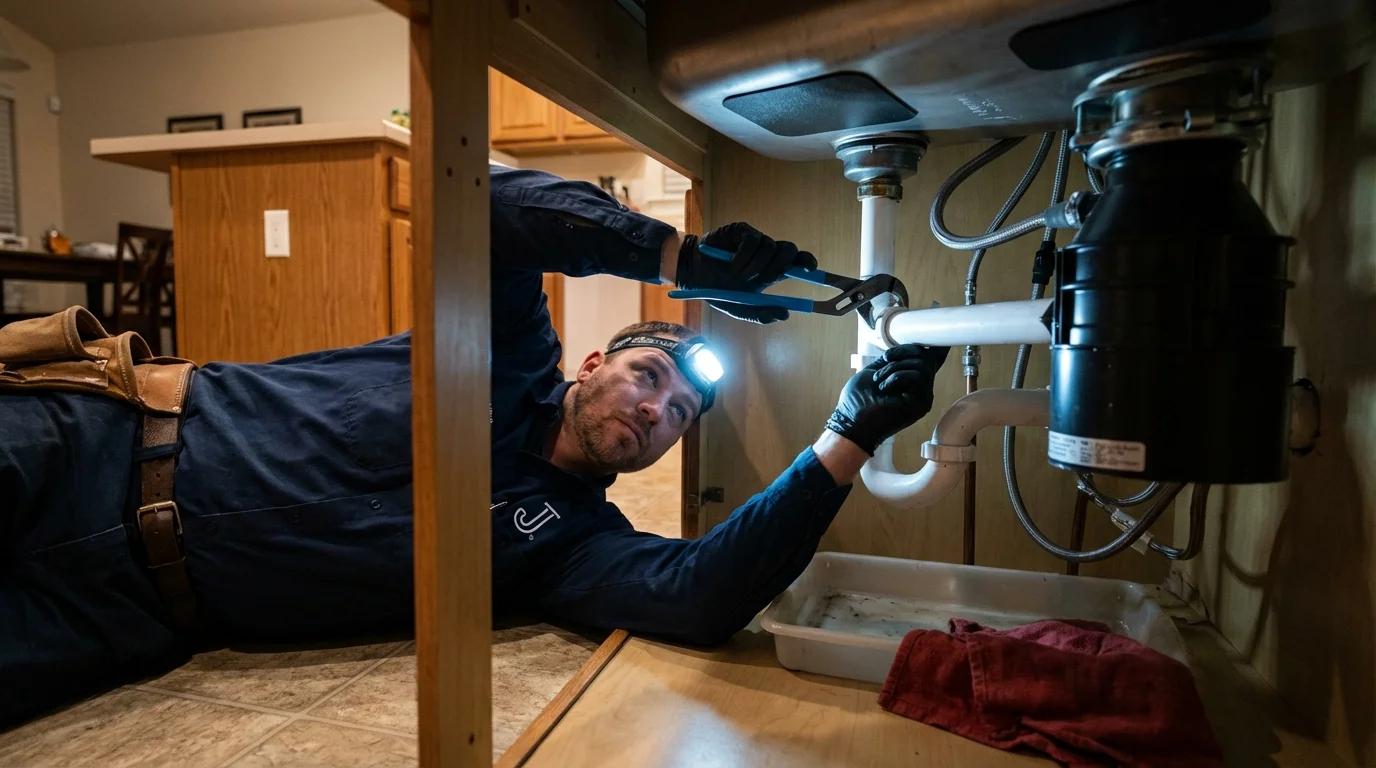 P-trap and supply line connections under a kitchen sink showing a common leak point in Spanish Fork, UT